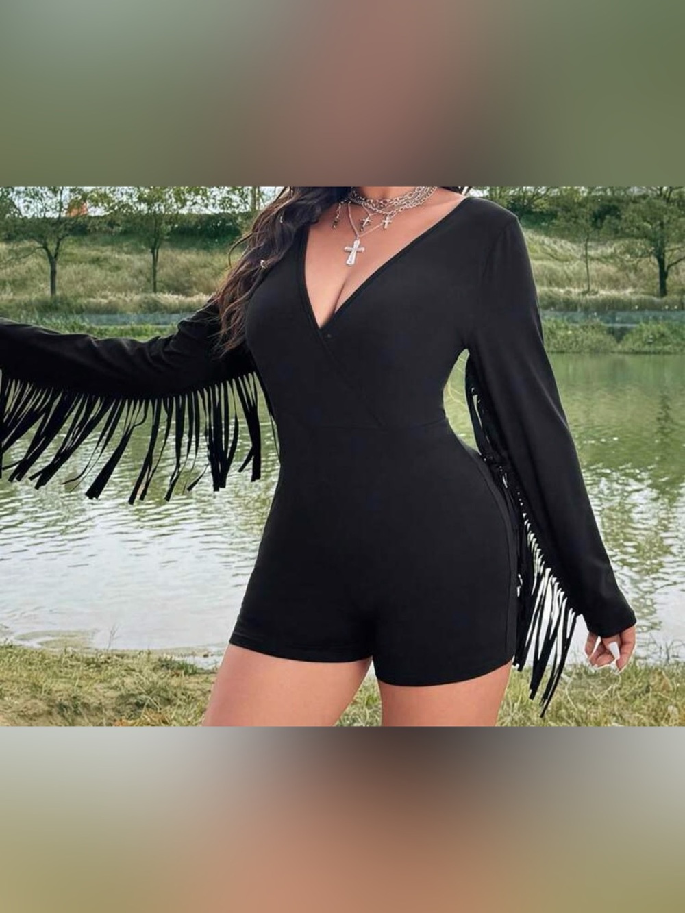 Black Fringe Long-Sleeve Romper Jumpsuit